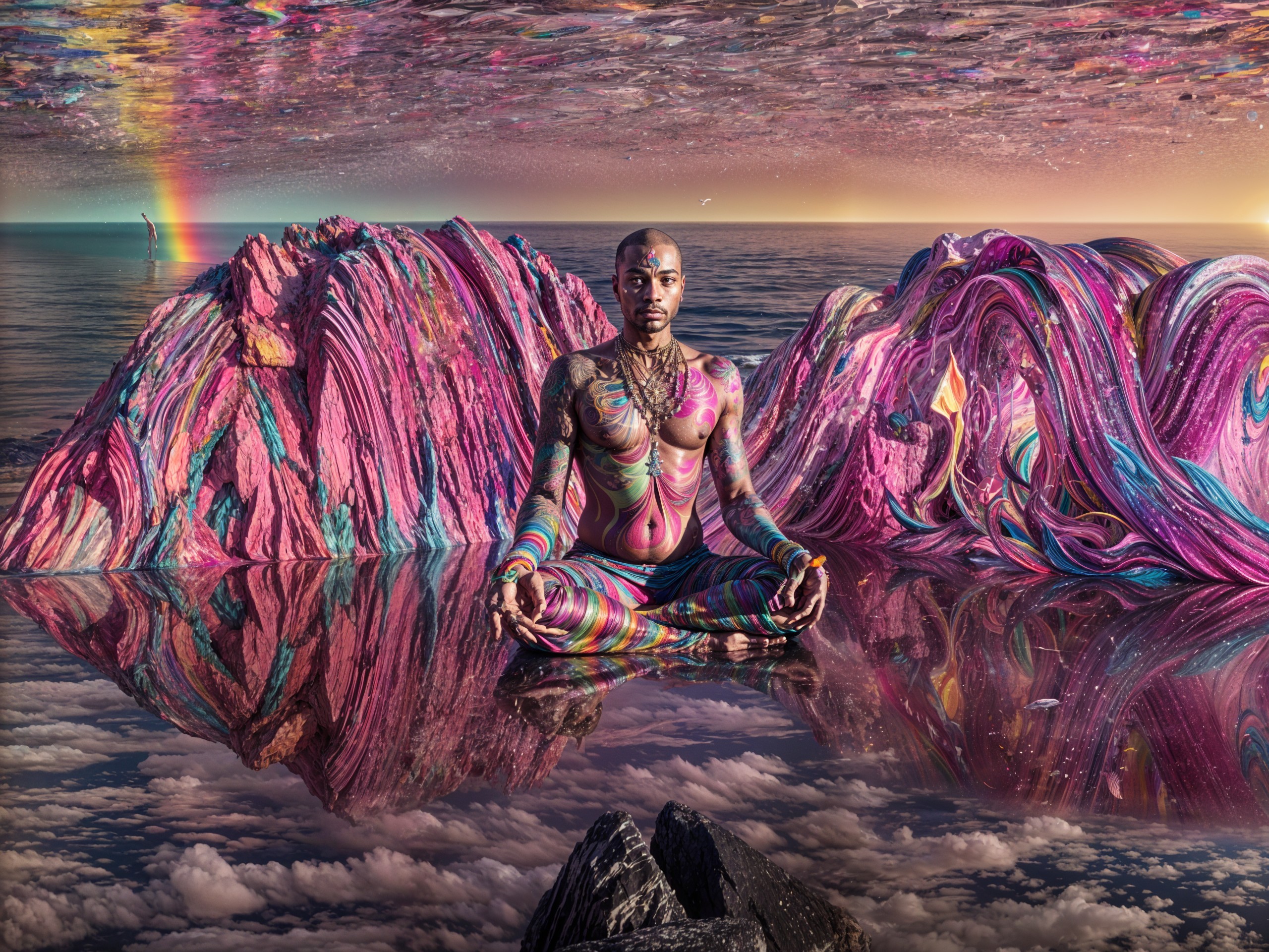 Serene Figure on Reflective Surface in Dreamlike Landscape
