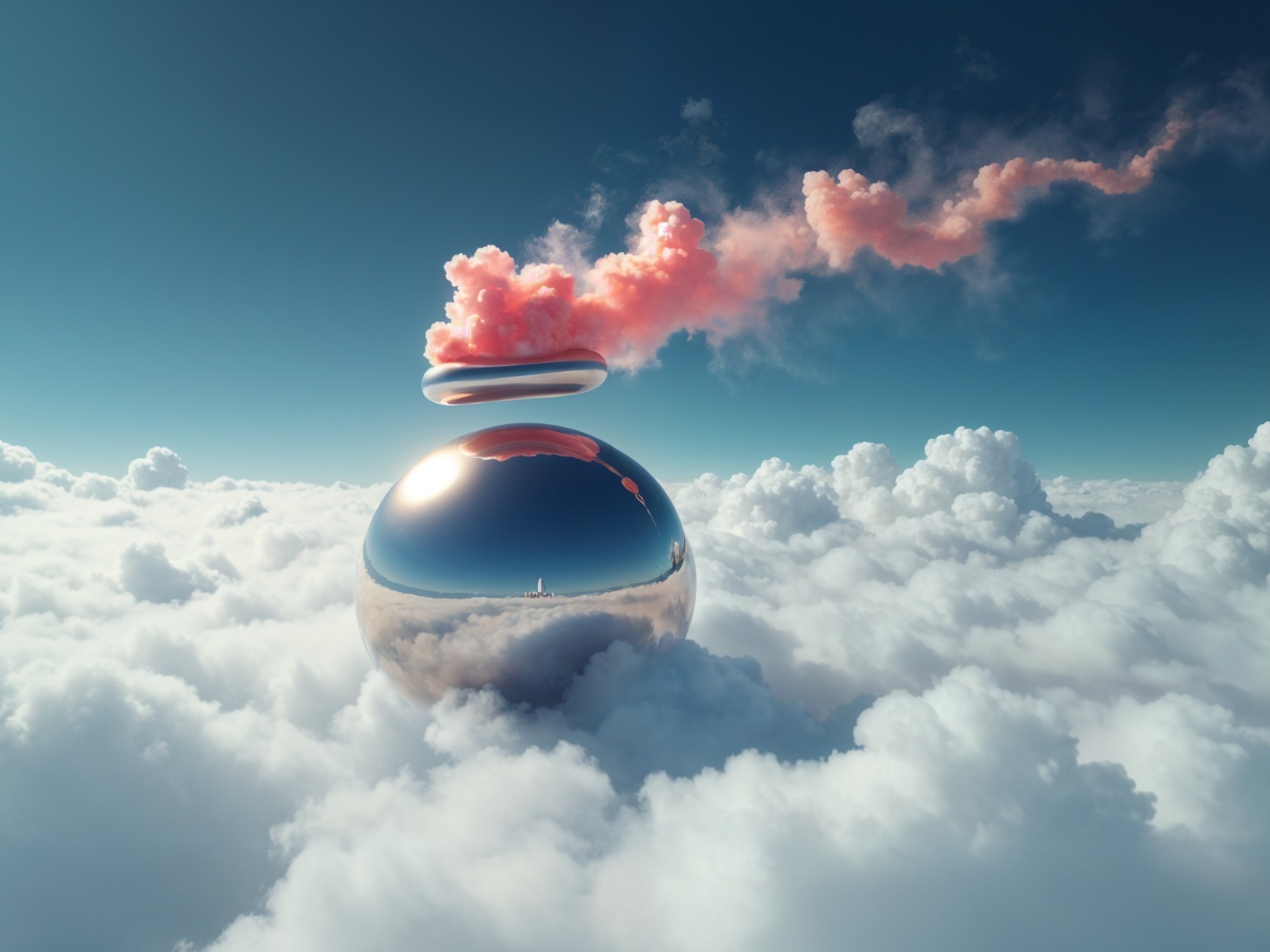 Spherical Object with Pink Smoke in Cloudy Sky