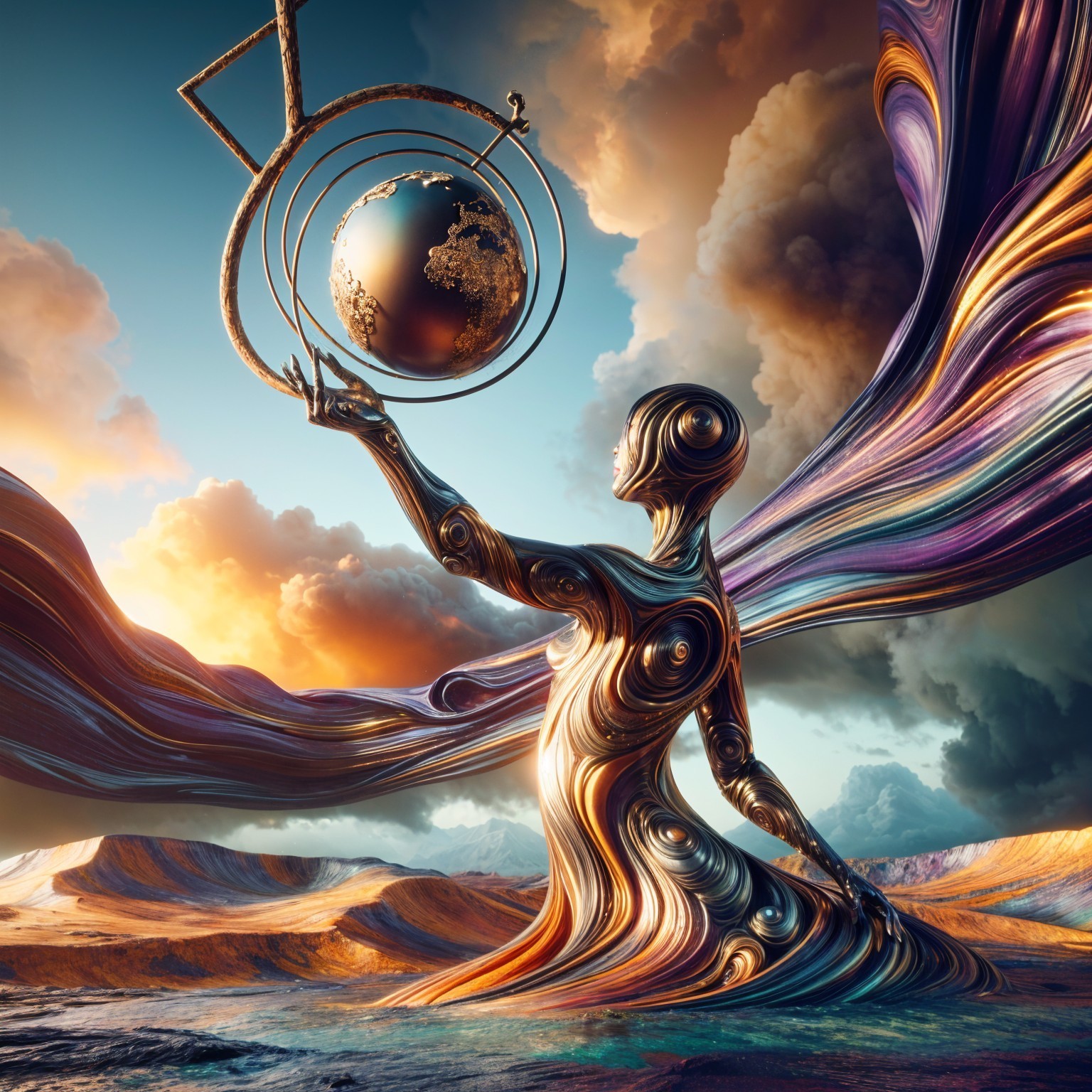 Surreal Landscape with Metallic Figure and Globe