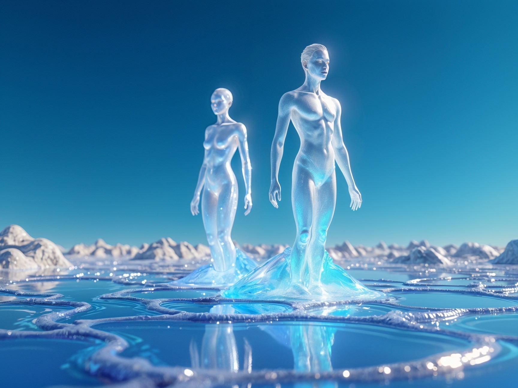 Ethereal Figures on Shimmering Liquid Surface