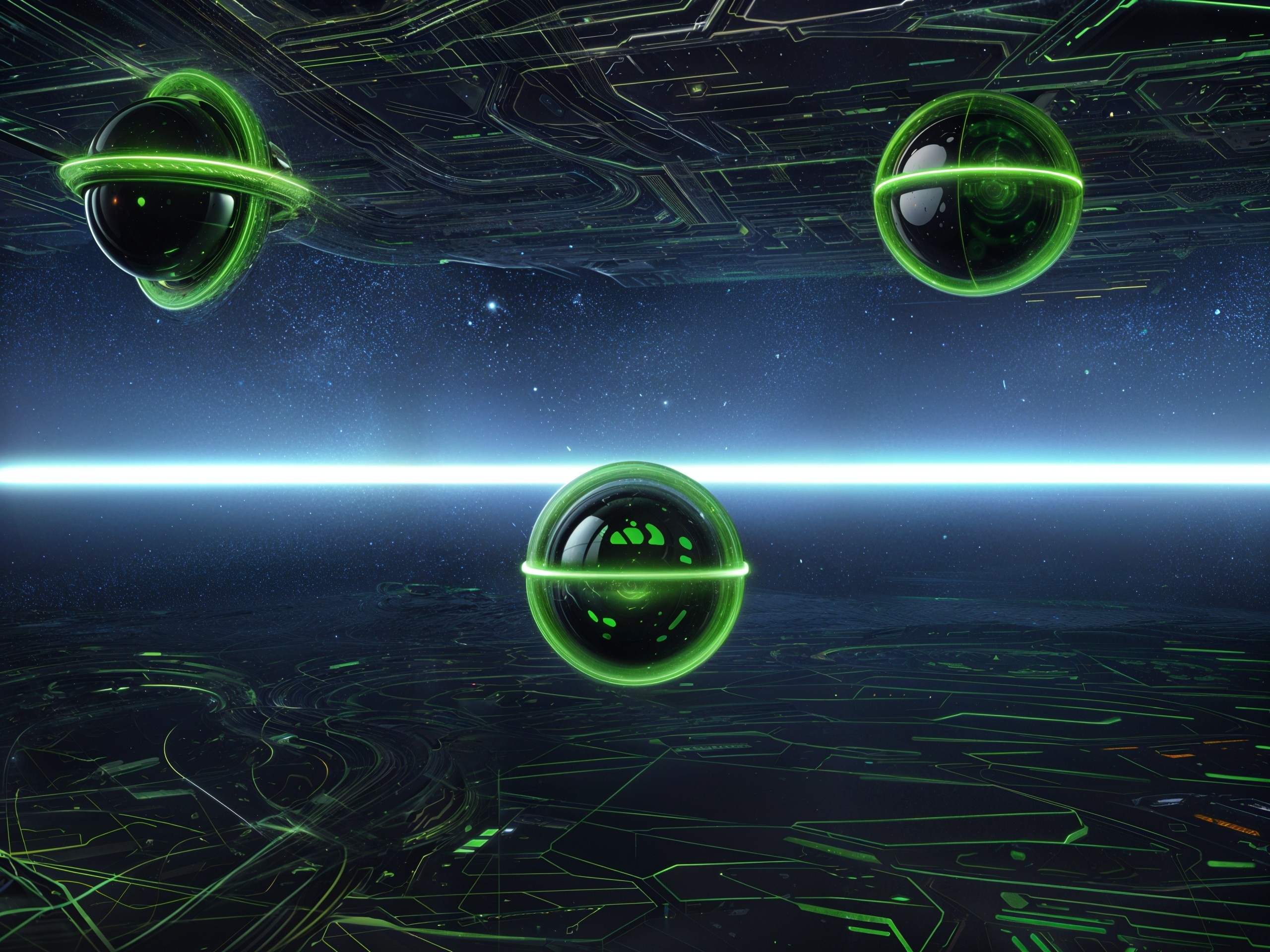 Futuristic landscape with glowing spheres and grid surface