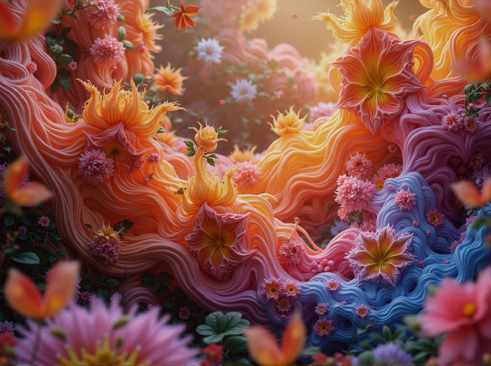 Surreal Landscape with Colorful Waves and Flowers