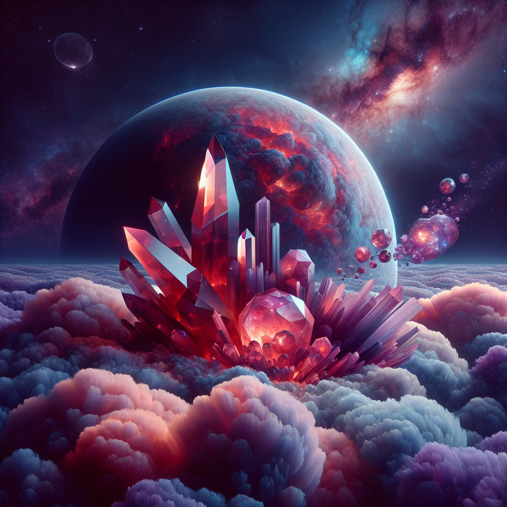 Cosmic Scene with Crystals and Colorful Planet