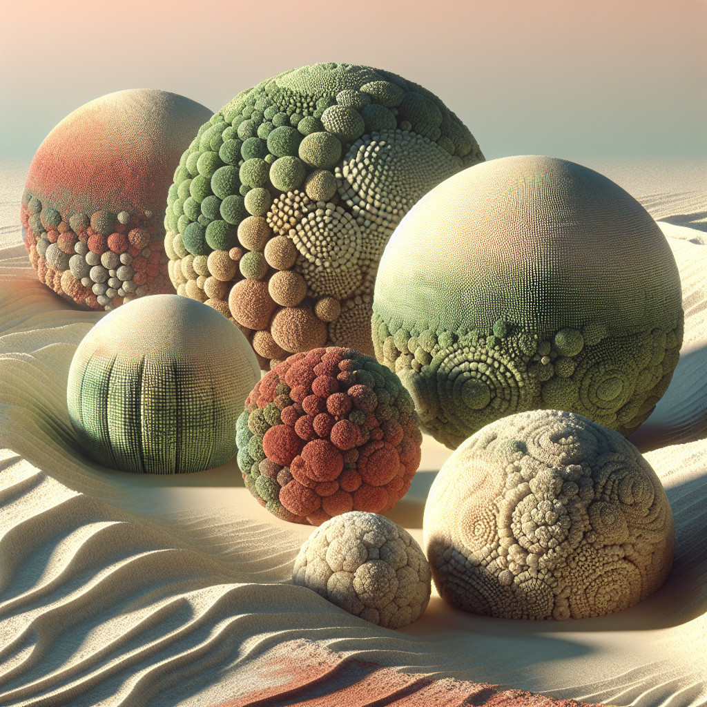 Textured Spheres on Sandy Landscape with Pastel Sky