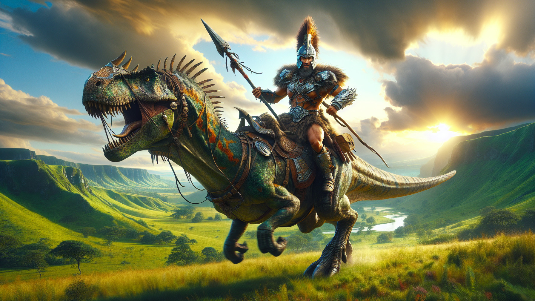 Warrior on Dinosaur in Lush Landscape with Dramatic Sky