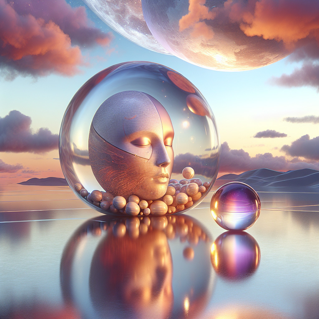 Surreal Landscape with Translucent Sphere and Orbs