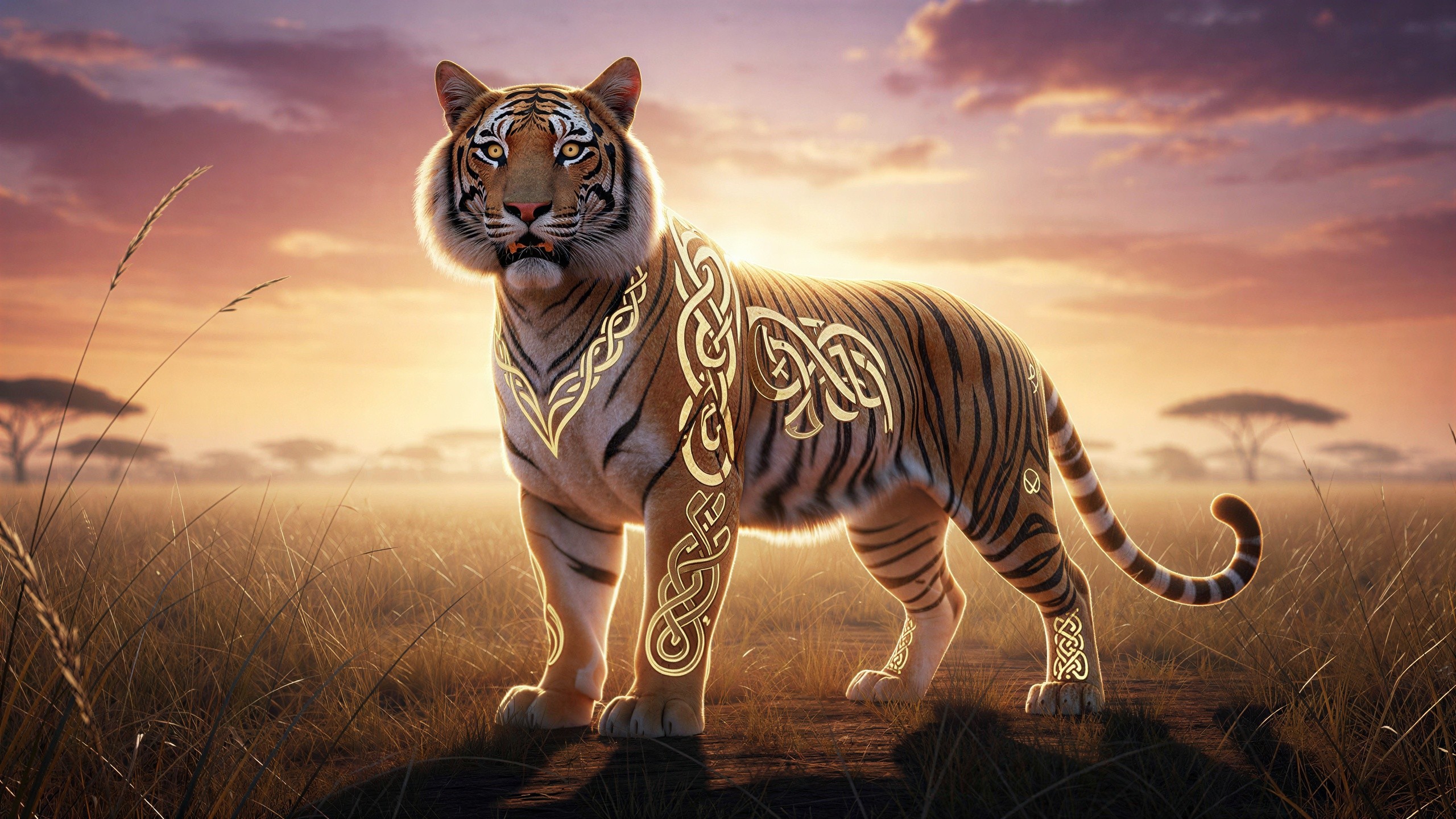 Bengal tiger in sunset field with Celtic patterns