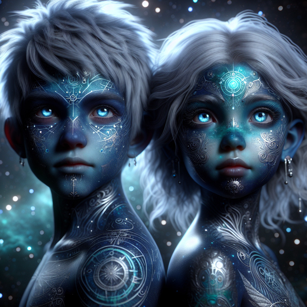 Ethereal Figures with Silver Hair and Blue Tattoos