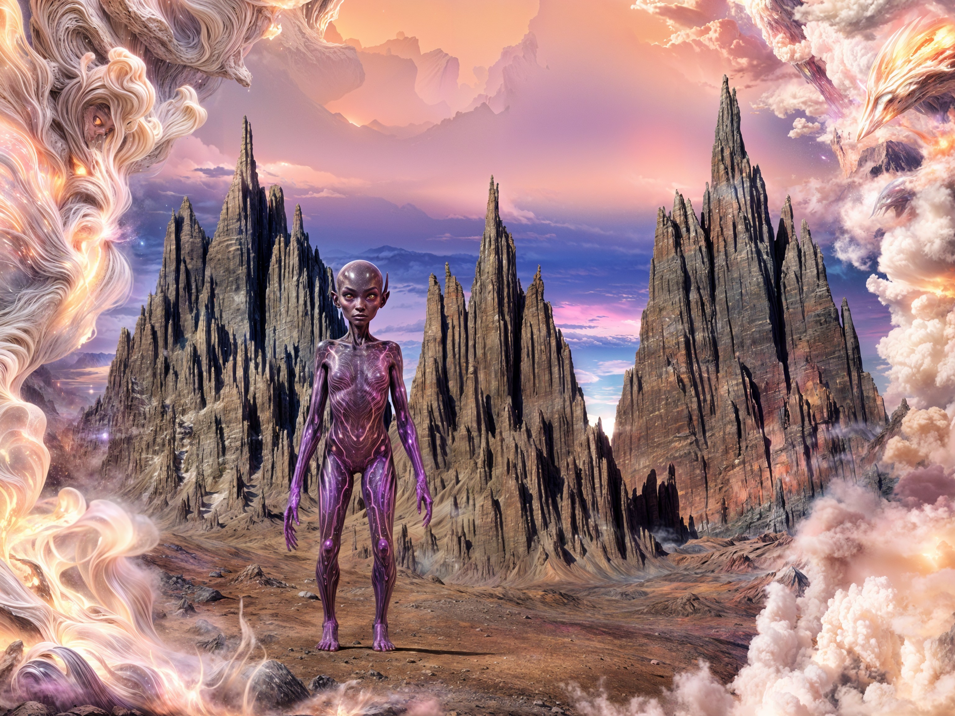 Humanoid Figure in Surreal Mountain Landscape