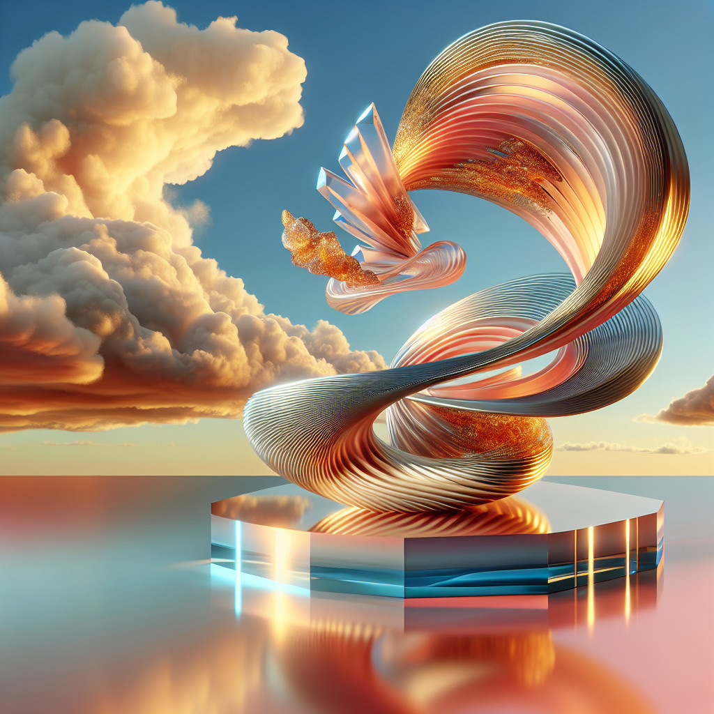 Swirling Metallic Sculpture in Vibrant Landscape