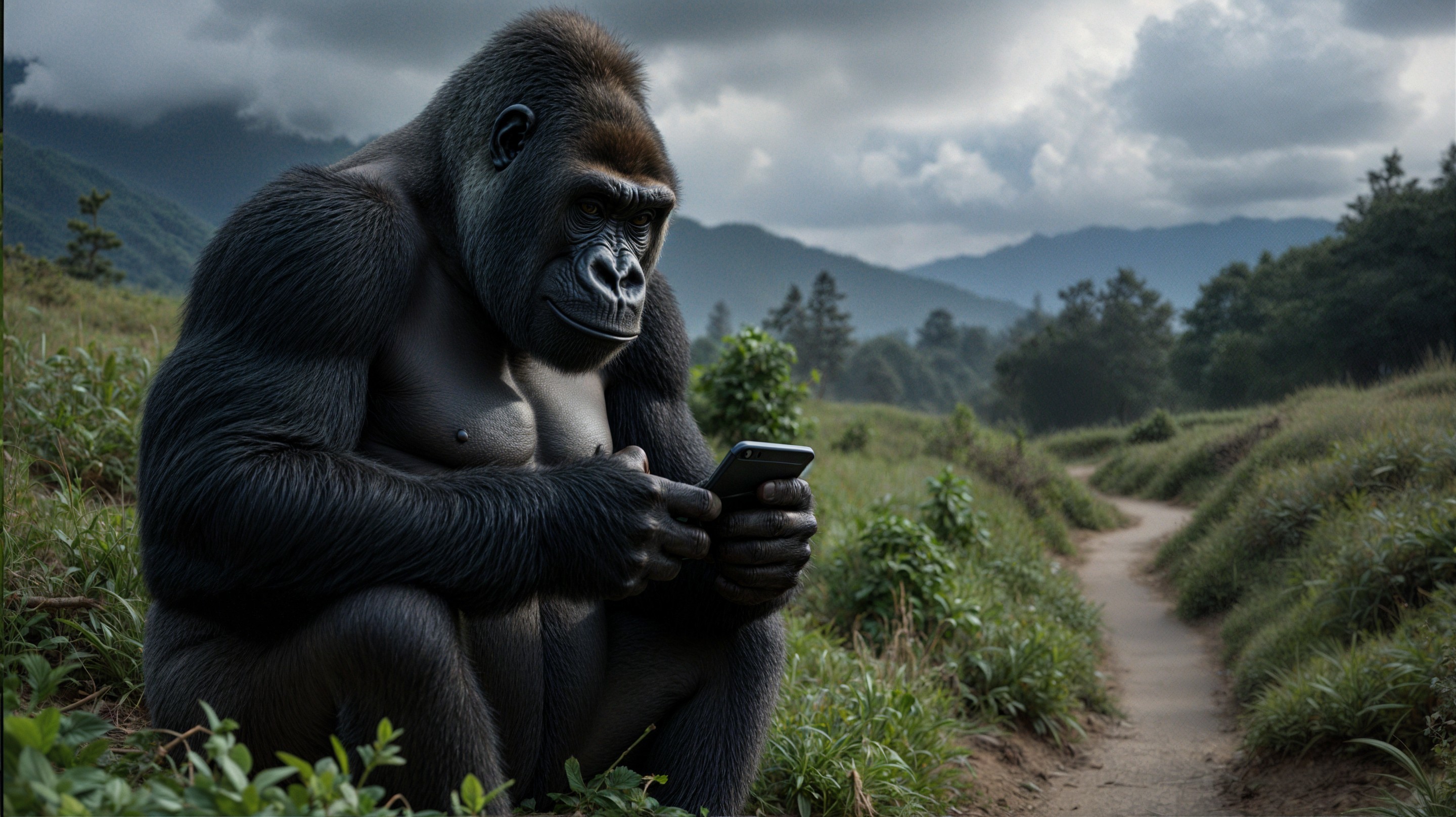 Gorilla on hillside using smartphone in serene landscape