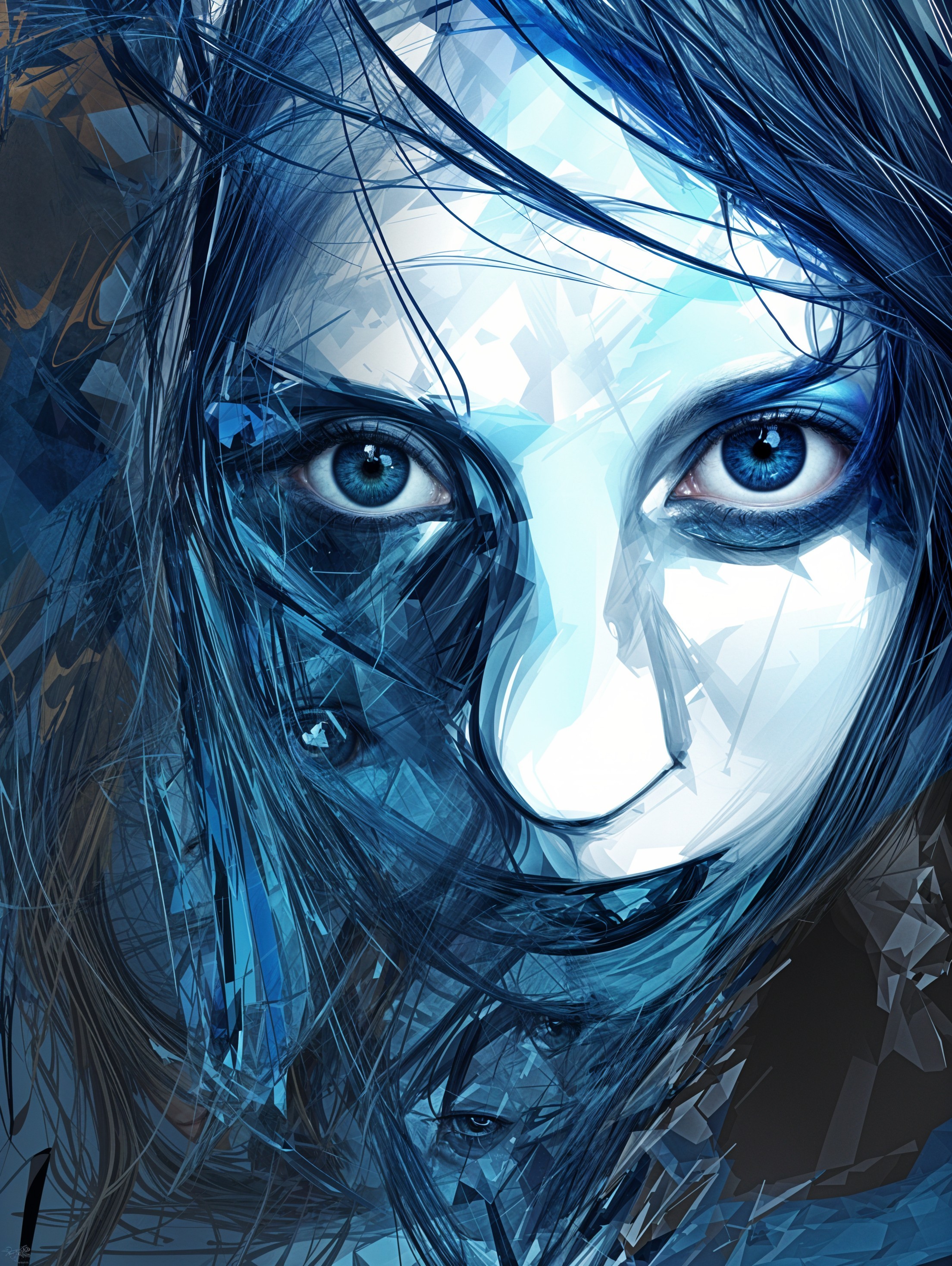 Abstract Portrait with Blue Eyes and Angular Features