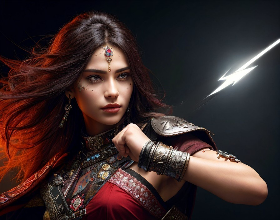 Fierce Warrior in Intricate Armor with Lightning Bolt