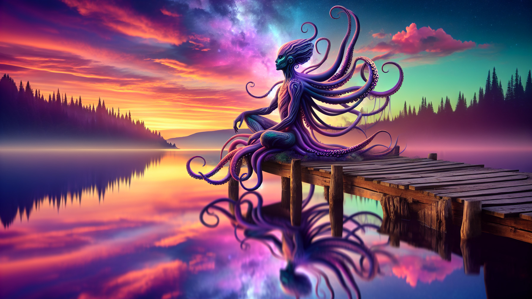 Surreal Twilight Scene with Octopus Figure on Pier