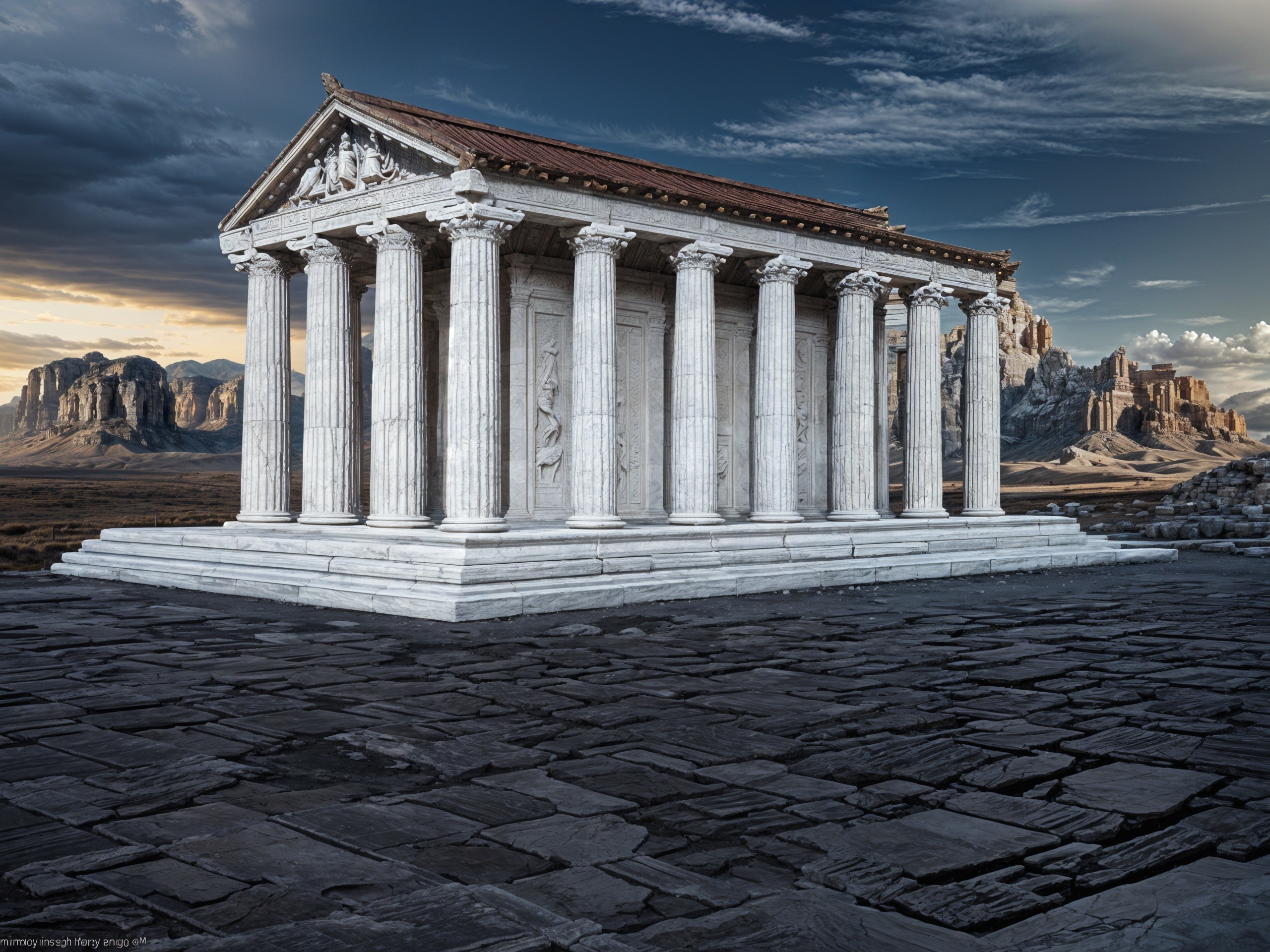 Ancient Greek Temple with Classic Columns and Landscape