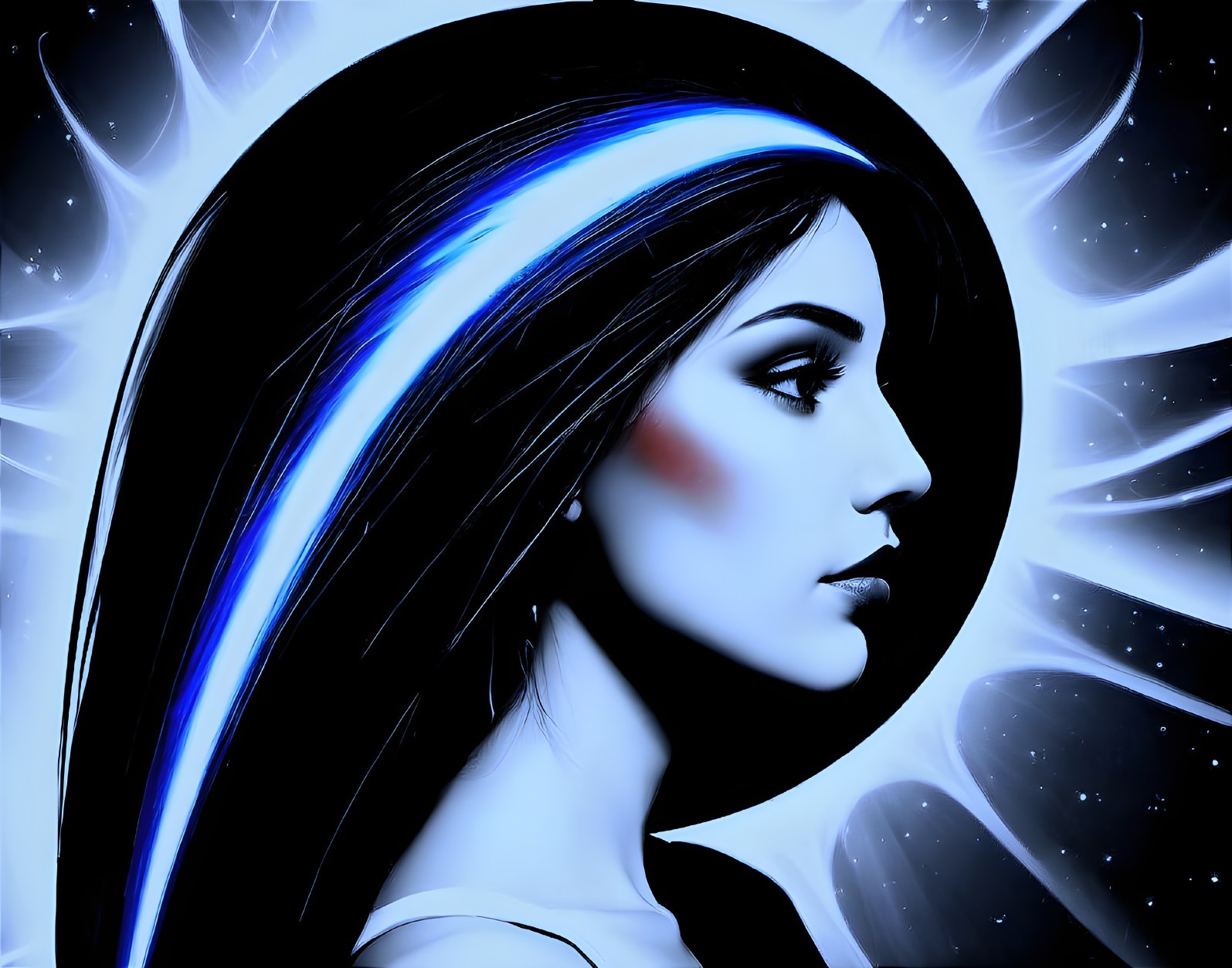 Digital artwork: Woman with dark hair and blue highlights in profile against cosmic background with white swirls and