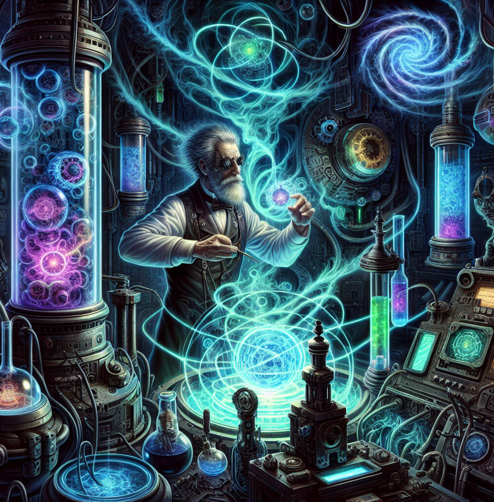 Elderly Scientist Examines Glowing Orb in Lab