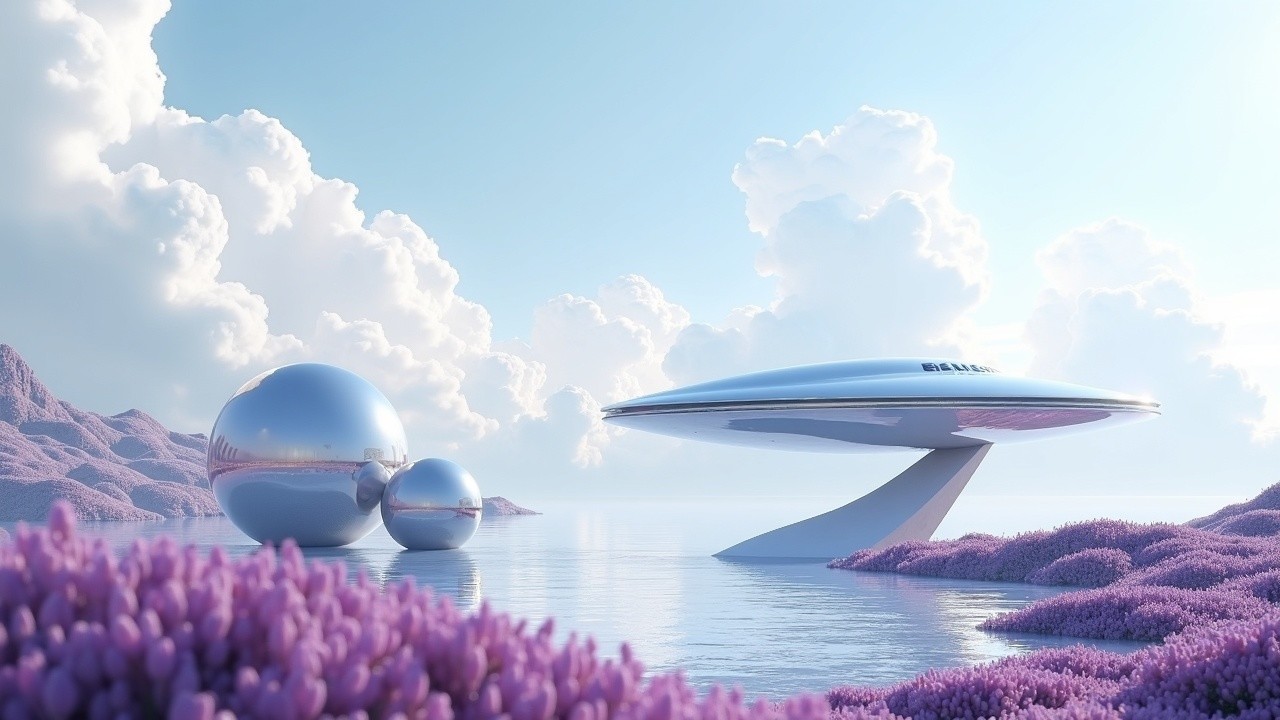 Futuristic Landscape with Metallic Spheres and Spacecraft
