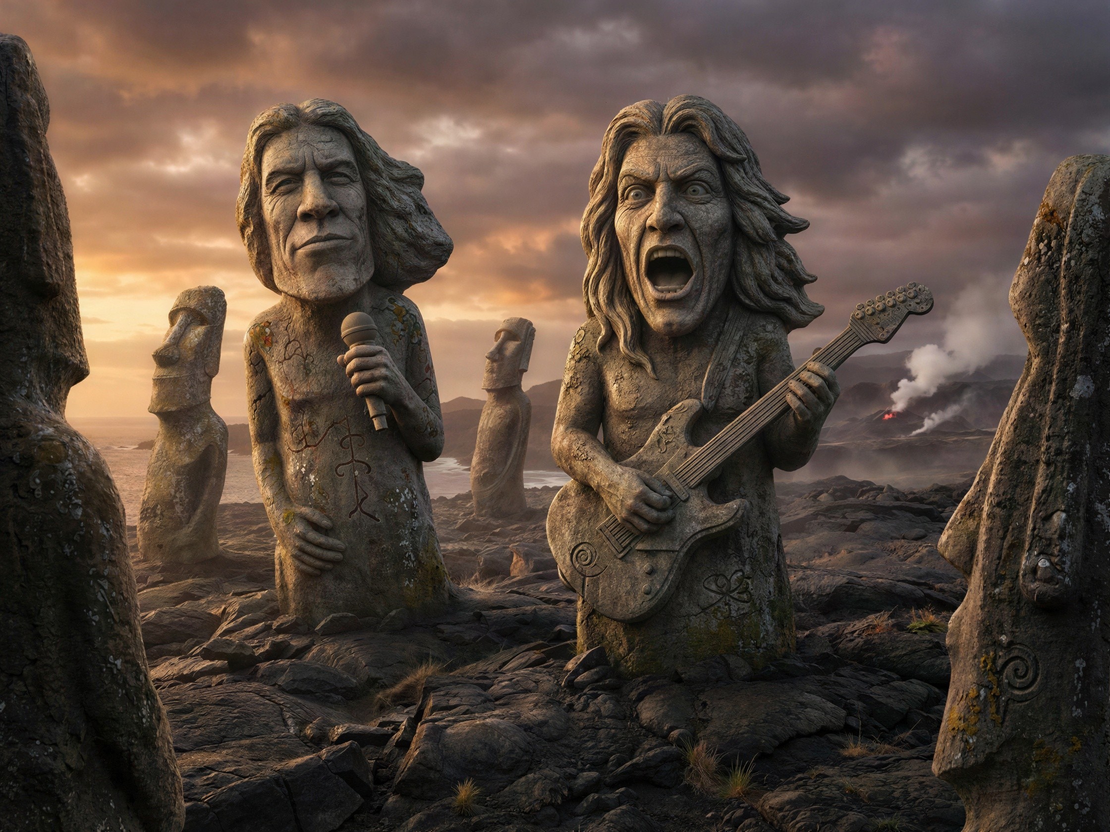 Moai Statues of Rock Musicians in Volcanic Landscape