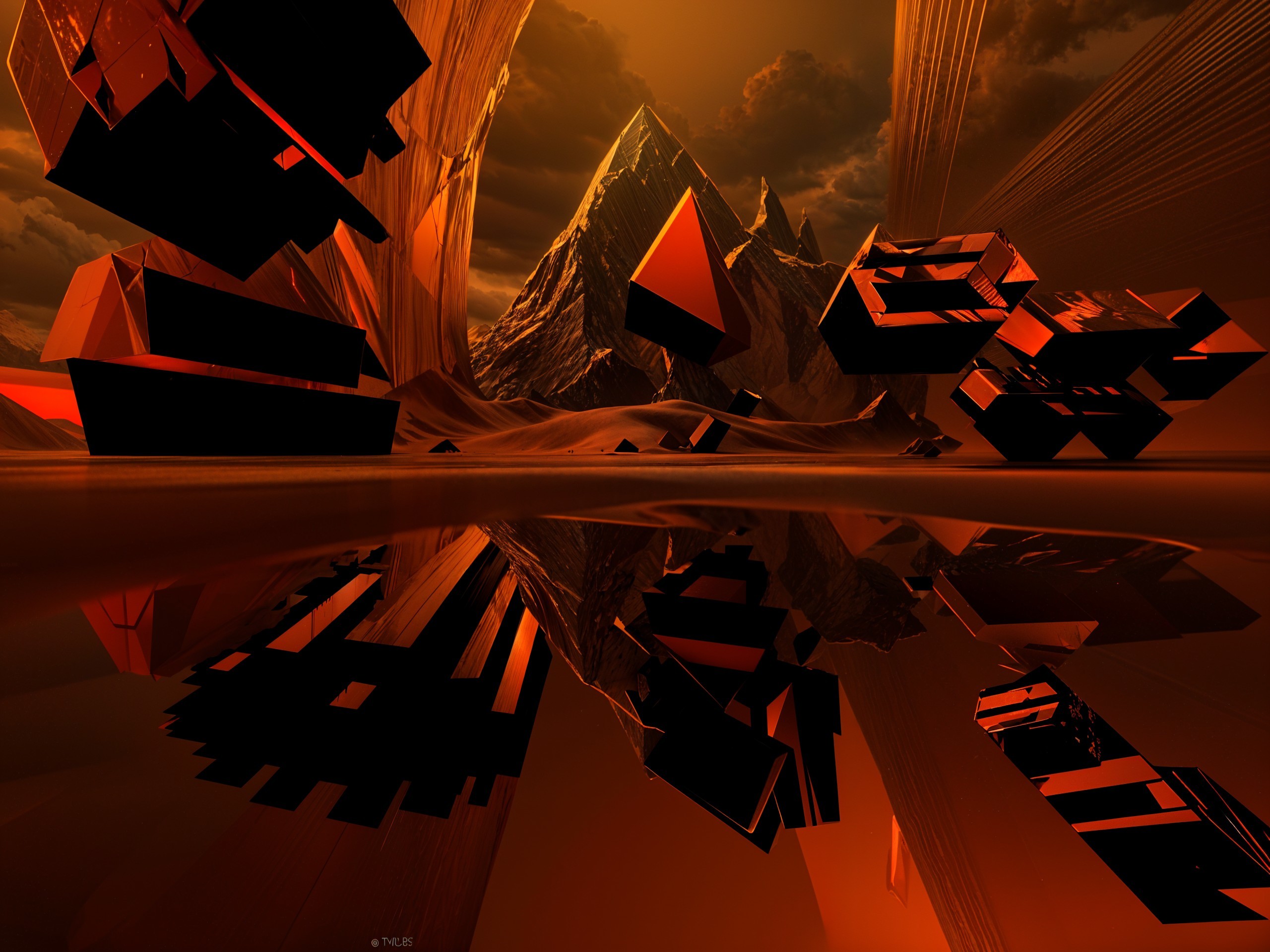 Surreal Landscape with Geometric Shapes and Mountains