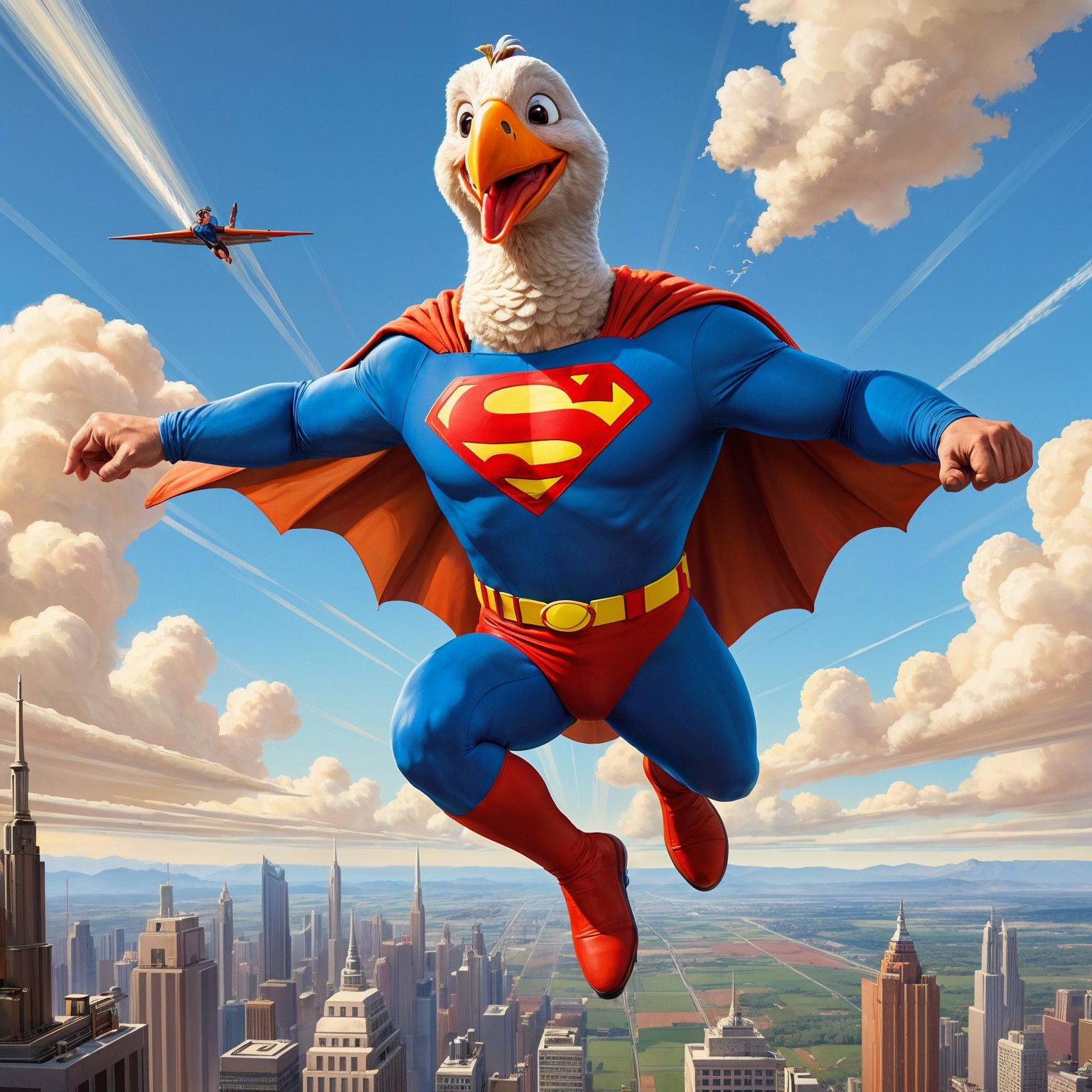 Cartoon Superhero Duck Flying Over City Skyline