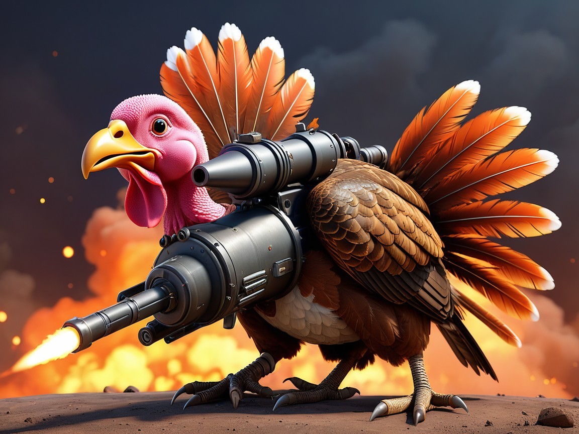 Cartoon Turkey with Missile Backpack in Explosive Scene