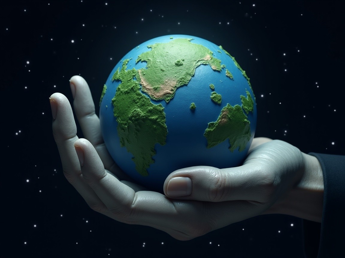 Vibrant Globe in Human Hand Against Starry Background