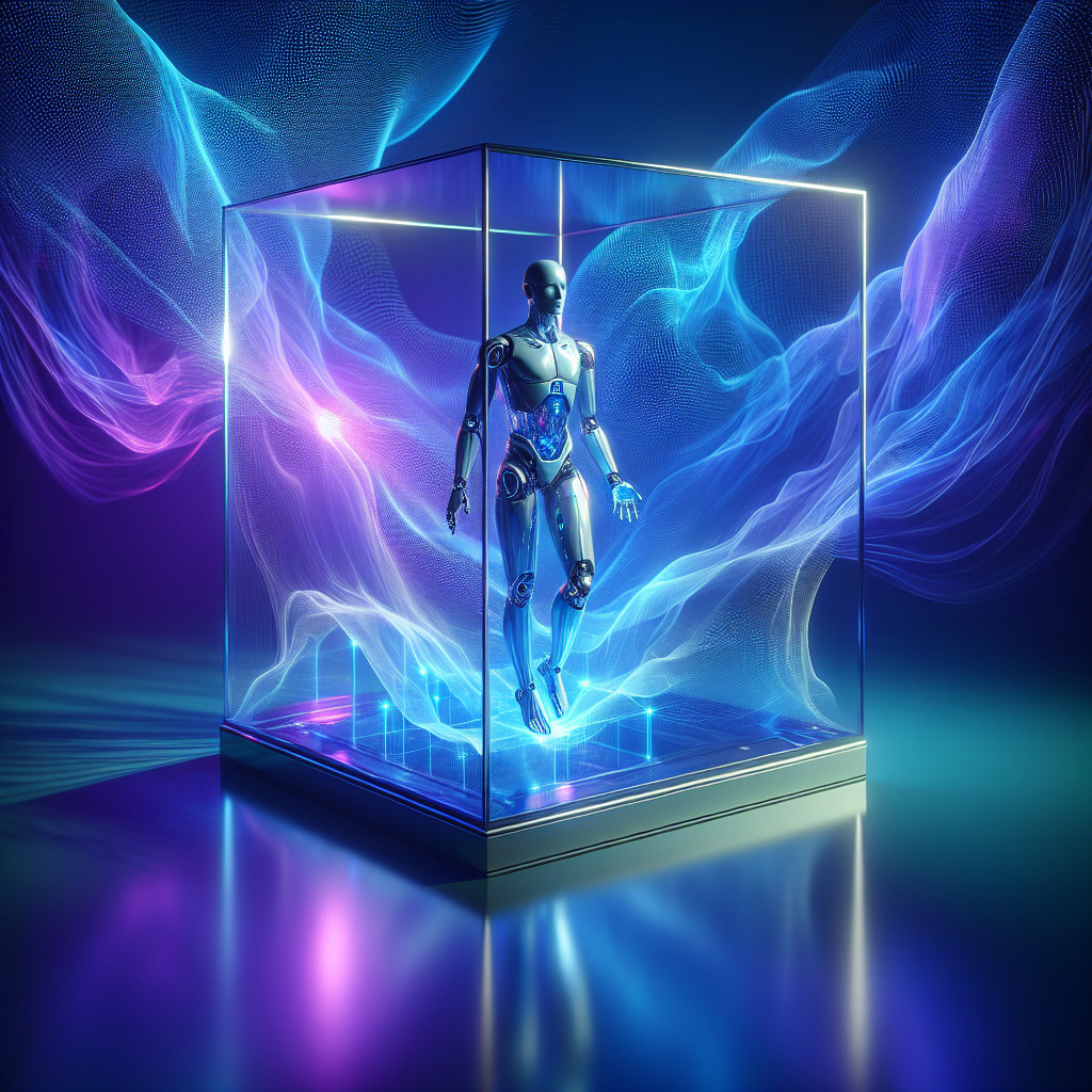 Futuristic Robot in Transparent Cube with Colorful Lights