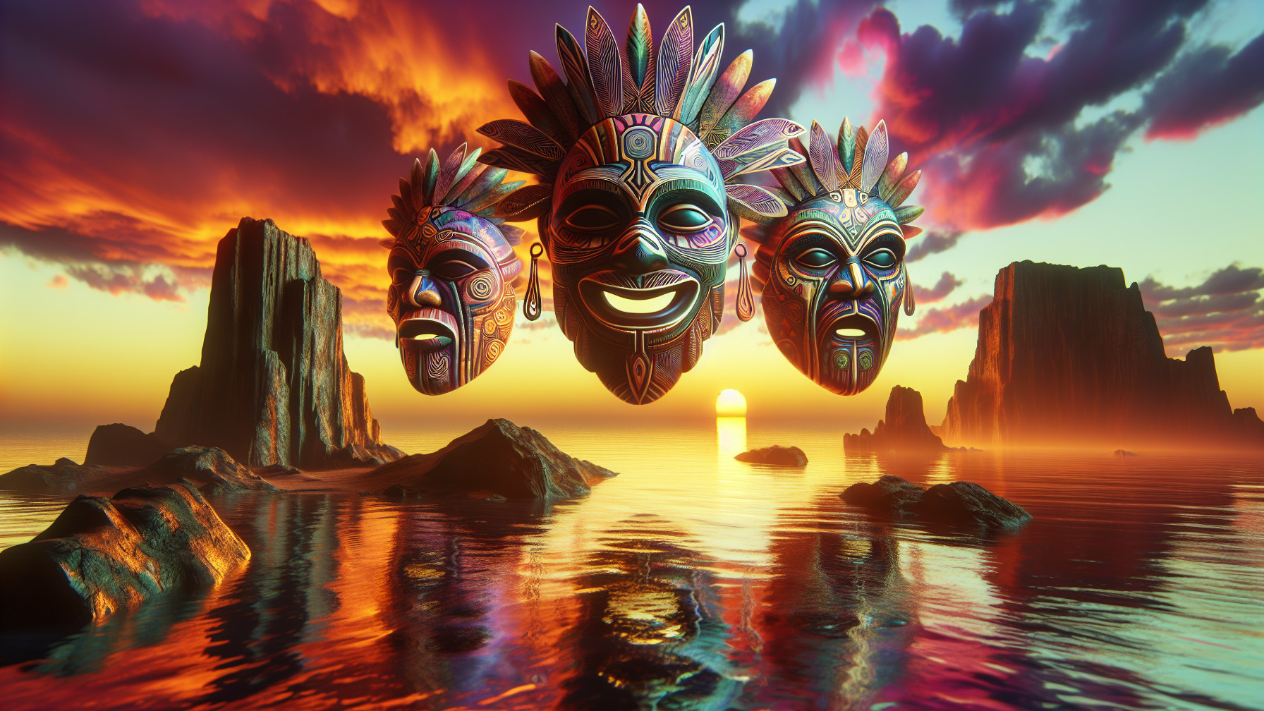 Colorful Masks Above Tranquil Water at Sunset