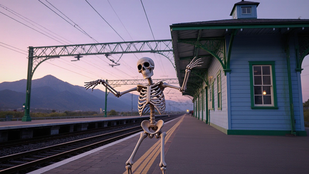 Playful Skeleton on Train Platform at Dusk