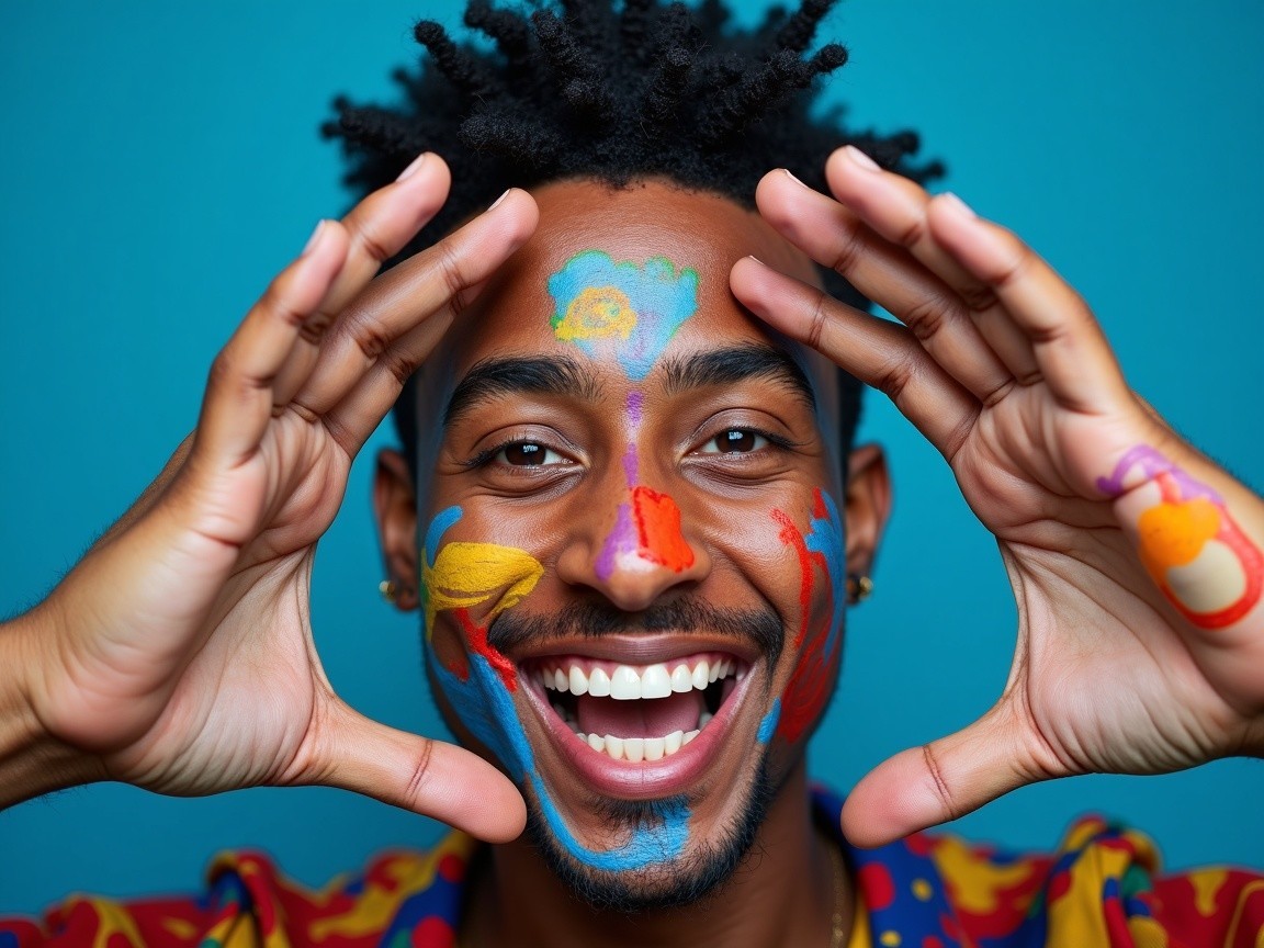Joyful Person with Colorful Face Paint and Vibrant Shirt