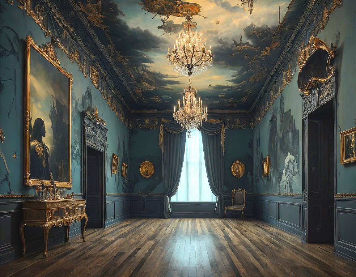 Luxurious Vintage Room with Decorative Ceiling, Chandelier, Classic Paintings, and Elegant Furniture