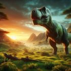 Tyrannosaurus rex in a vibrant prehistoric landscape