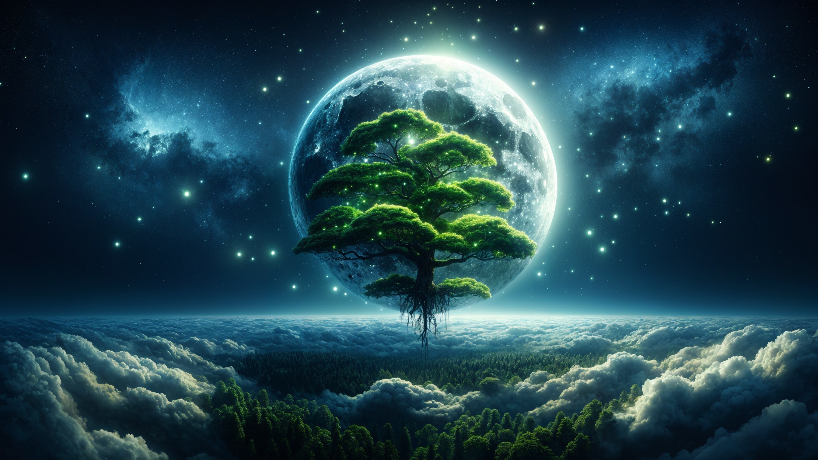 Majestic tree on clouds with full moon and stars
