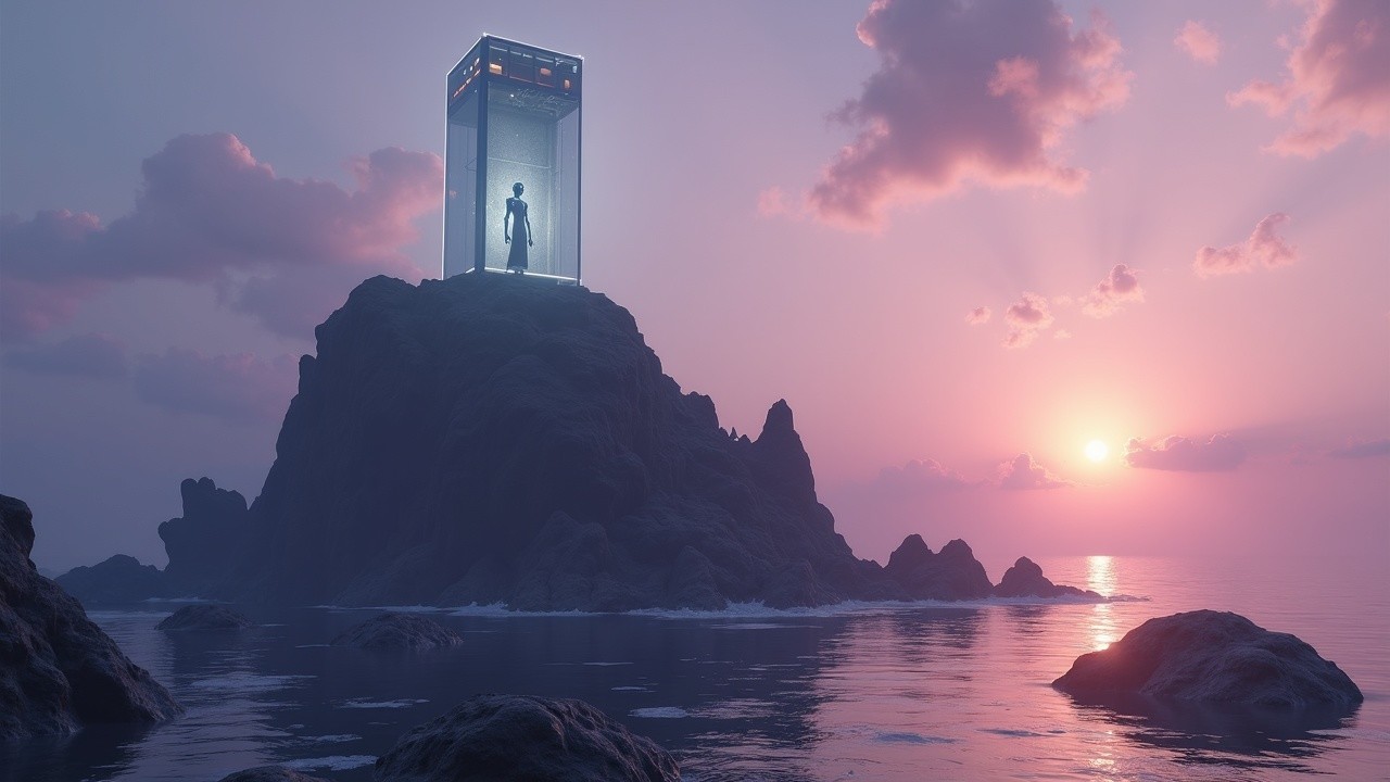 Futuristic Structure on Rugged Rock by Serene Sea