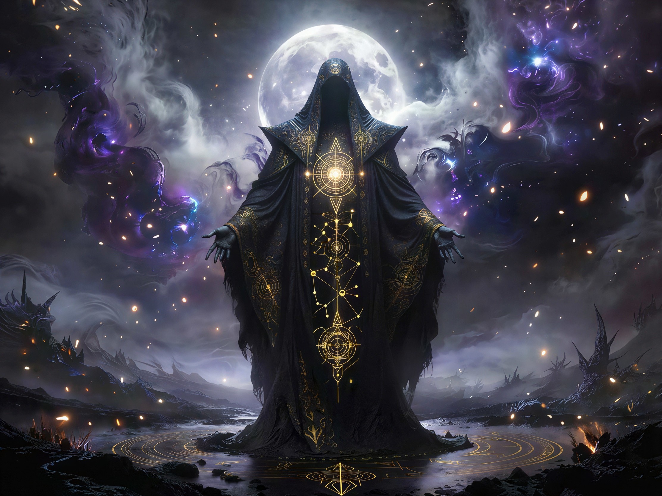 Ancient wizard in black cloak under a full moon