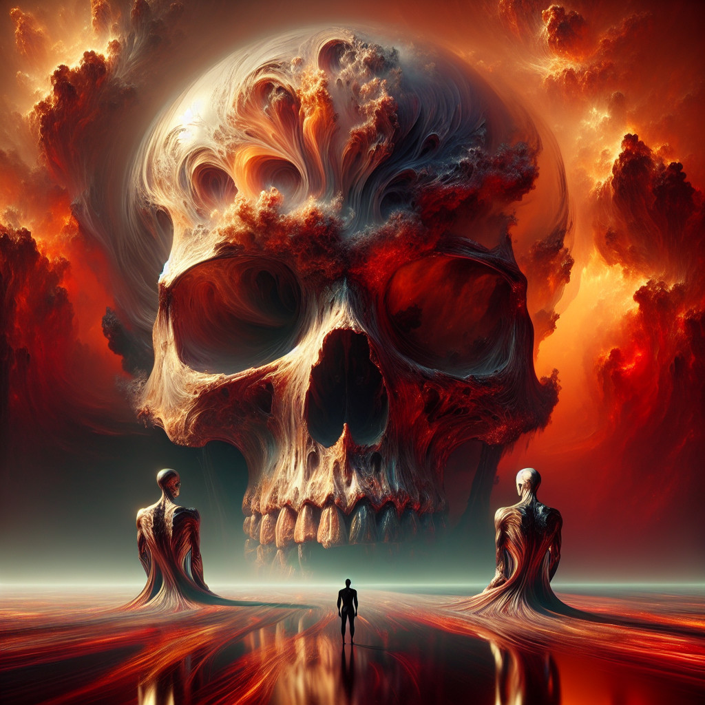 Surreal Landscape with Massive Skull and Ghostly Figures
