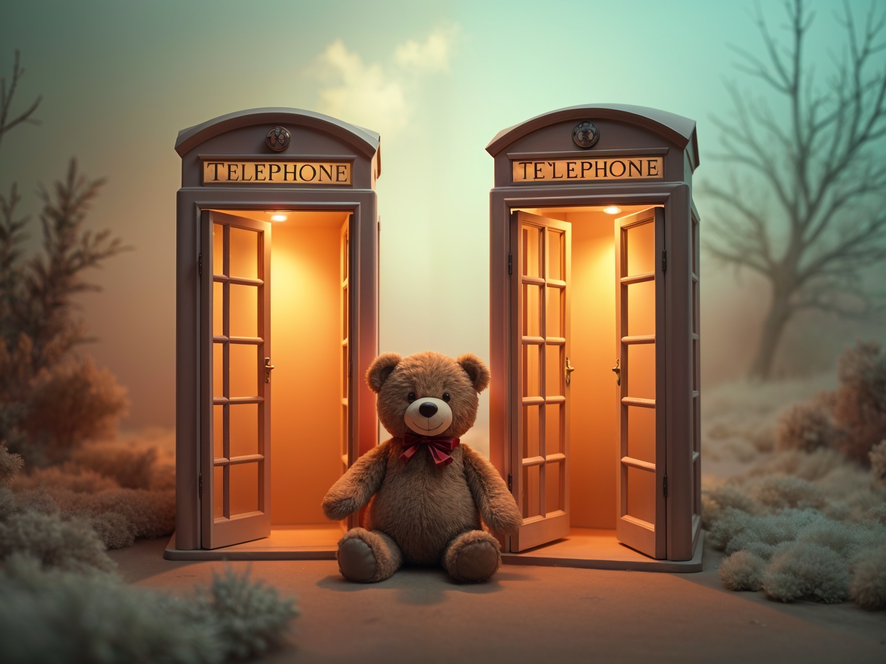 Vintage Telephone Booths in a Surreal Landscape