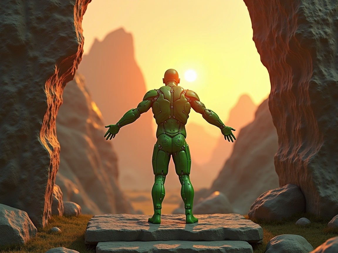 Futuristic Green Robot Against Sunset and Mountains