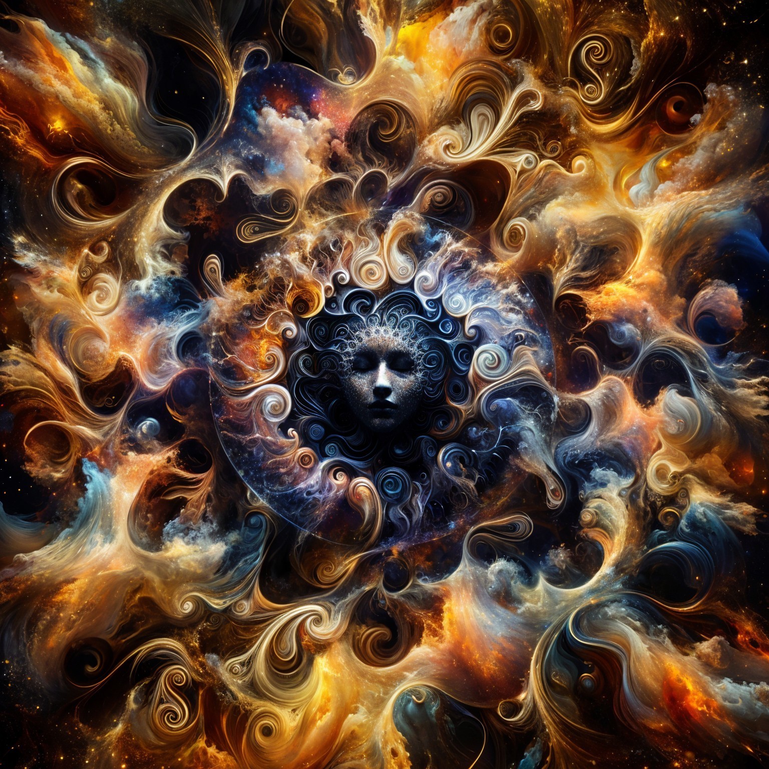 Cosmic Swirl of Colors with Central Face Design