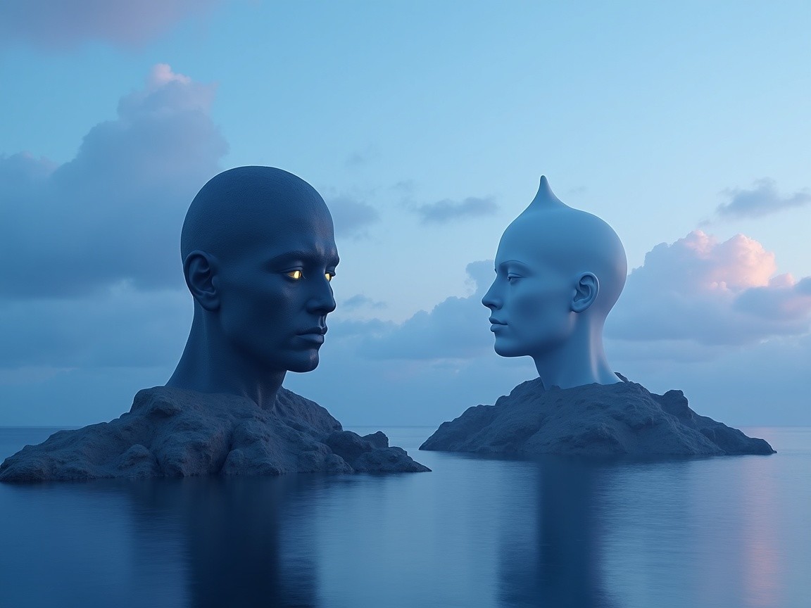 Surreal Human-Like Heads Above Calm Ocean Scene