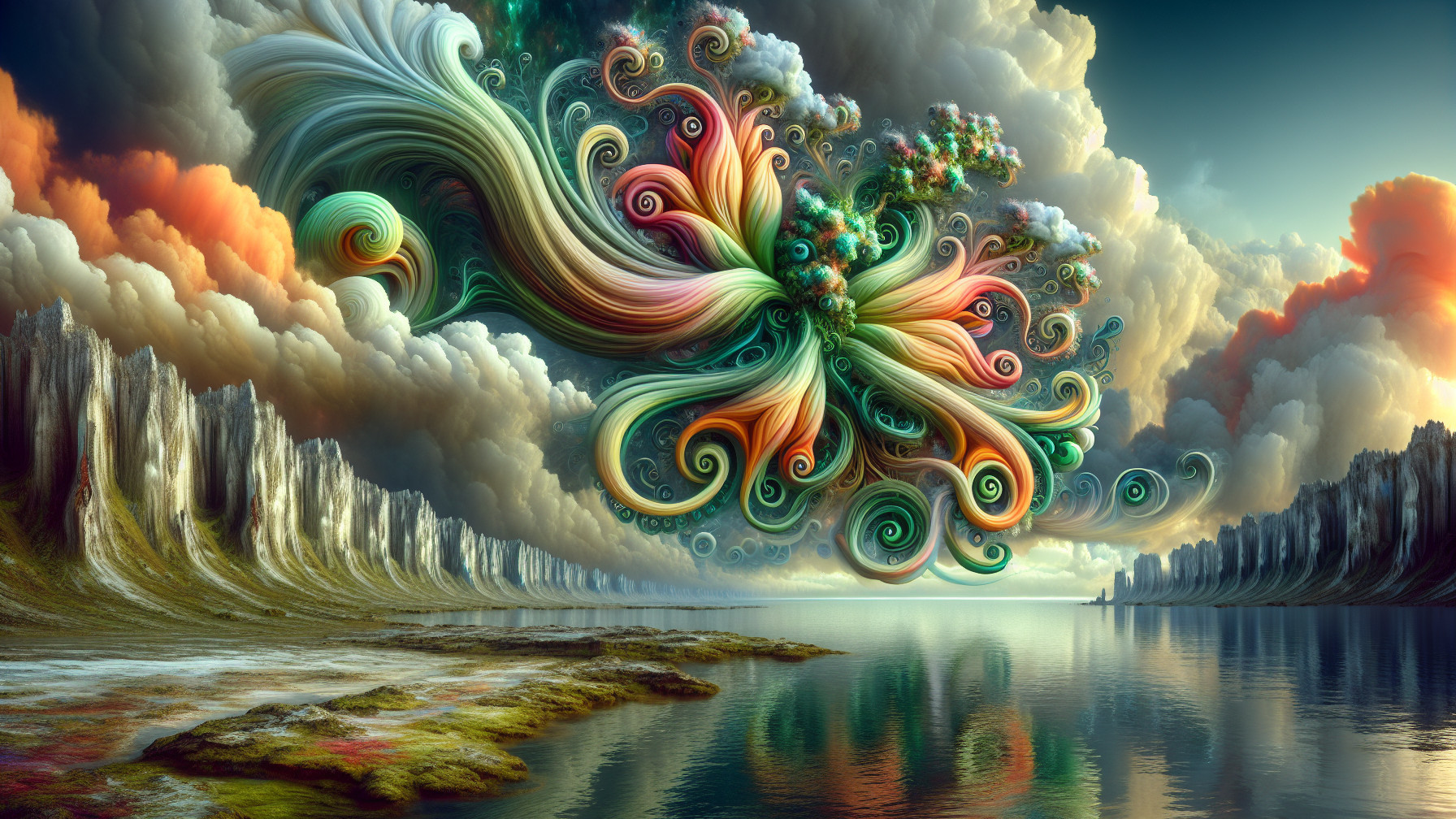 Surreal Landscape with Colorful Patterns and Reflections