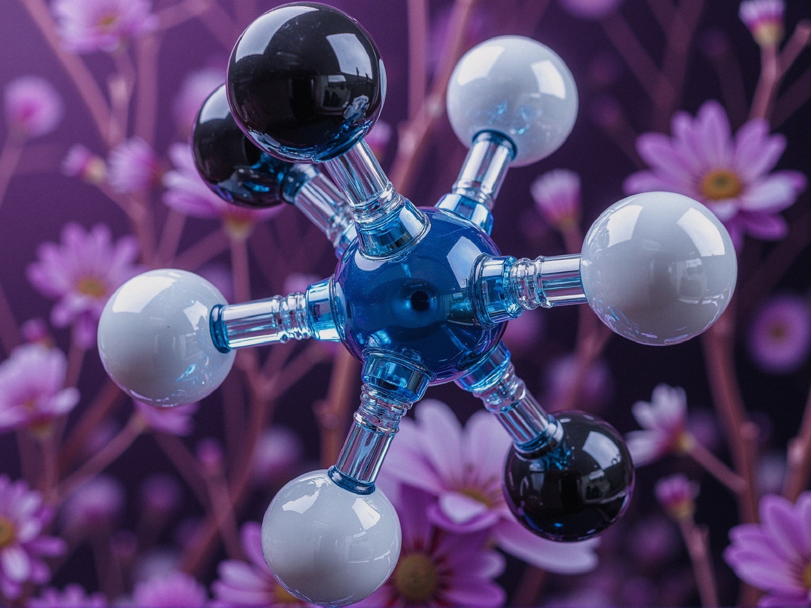 Molecular model with colorful elements and floral backdrop