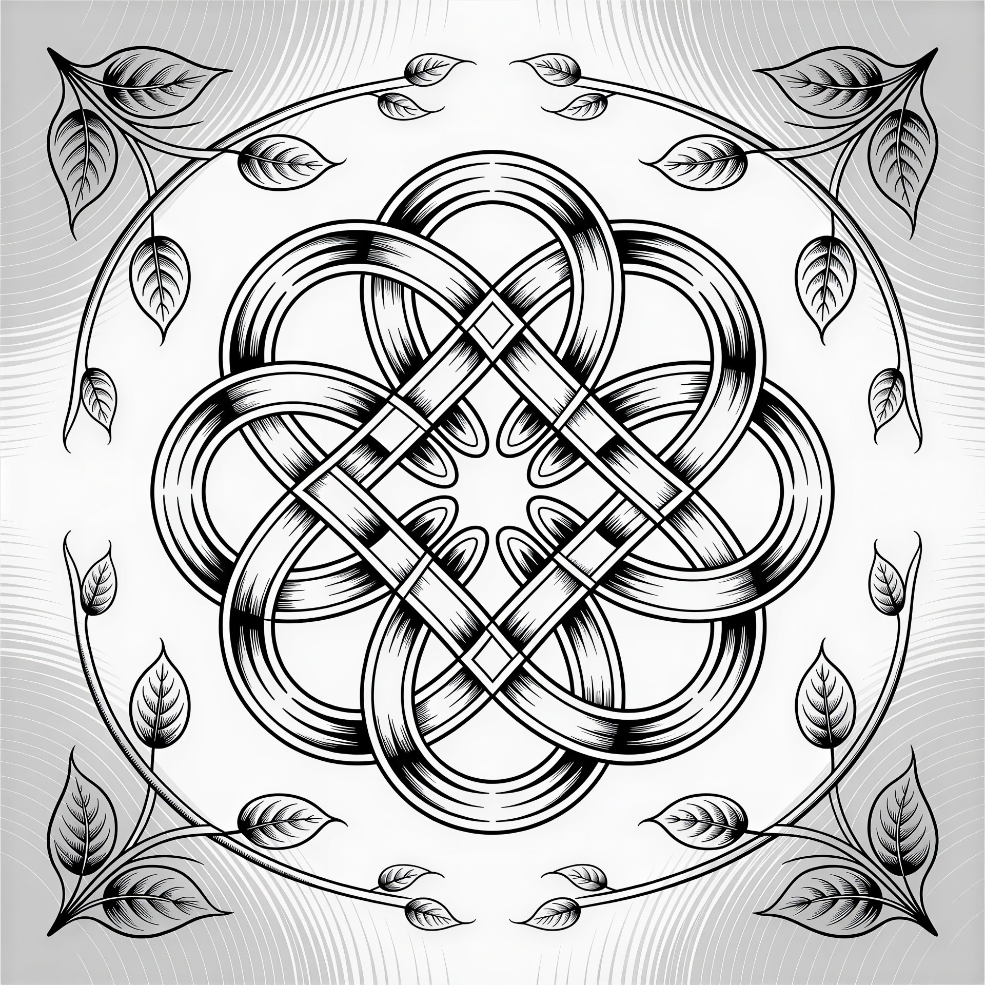 Symmetrical Celtic Knot with Leafy Vines Design