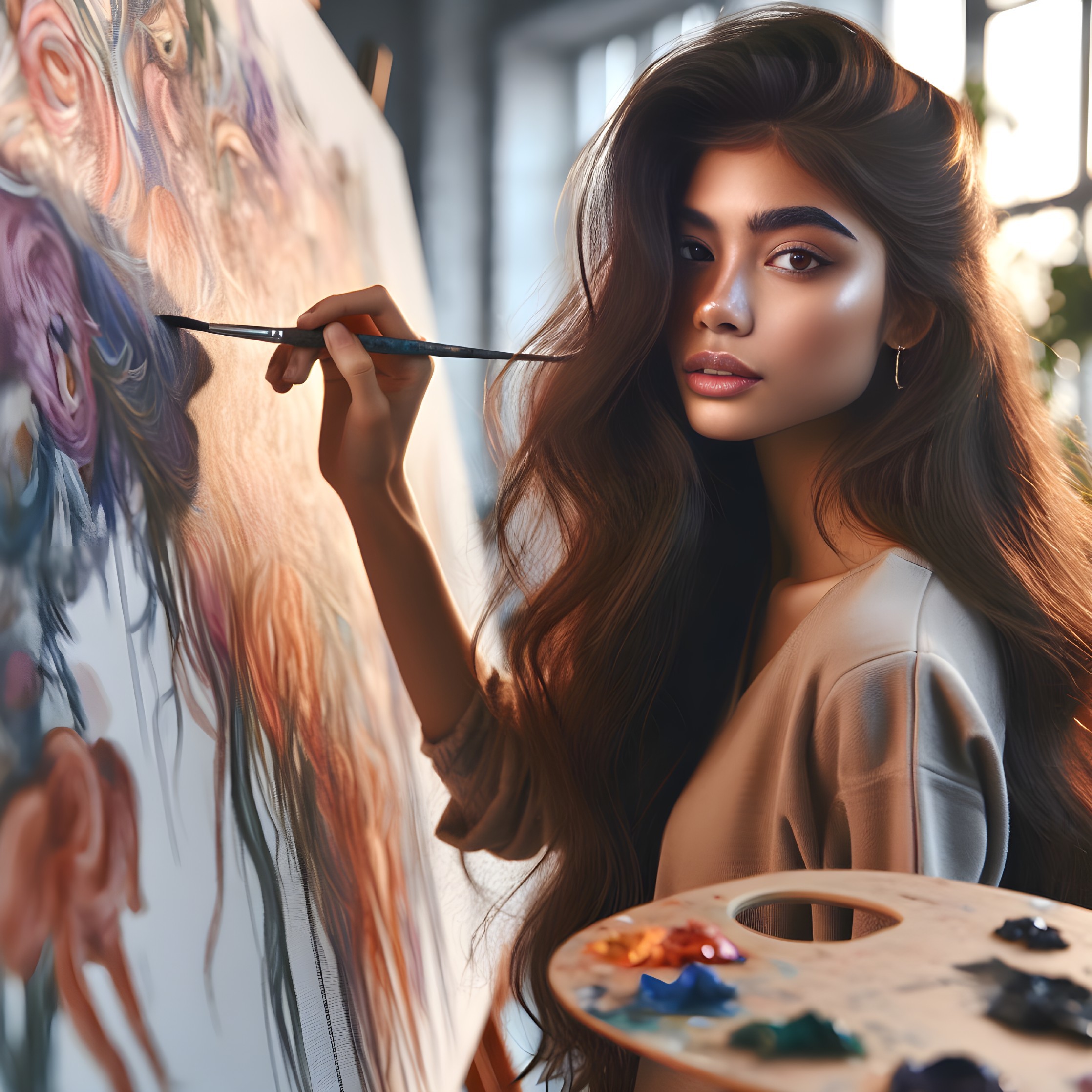 Young woman painting on large canvas in bright studio