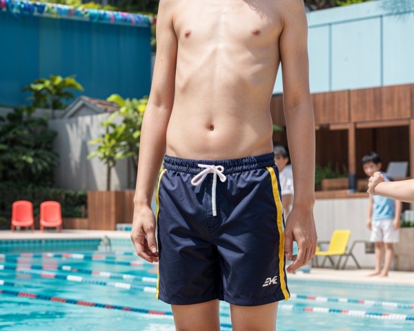 Young Boy by Swimming Pool in Navy Swim Trunks