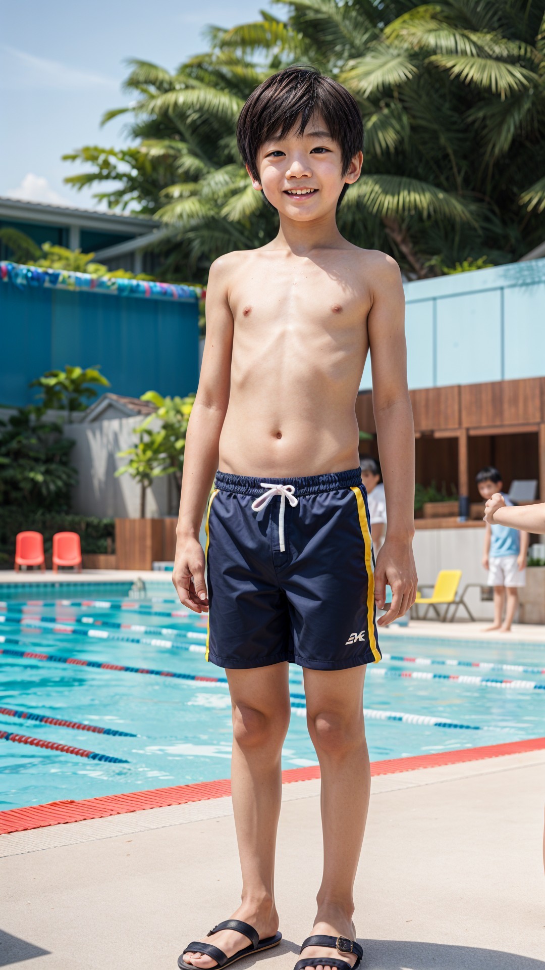 Young Boy by Swimming Pool in Navy Swim Trunks