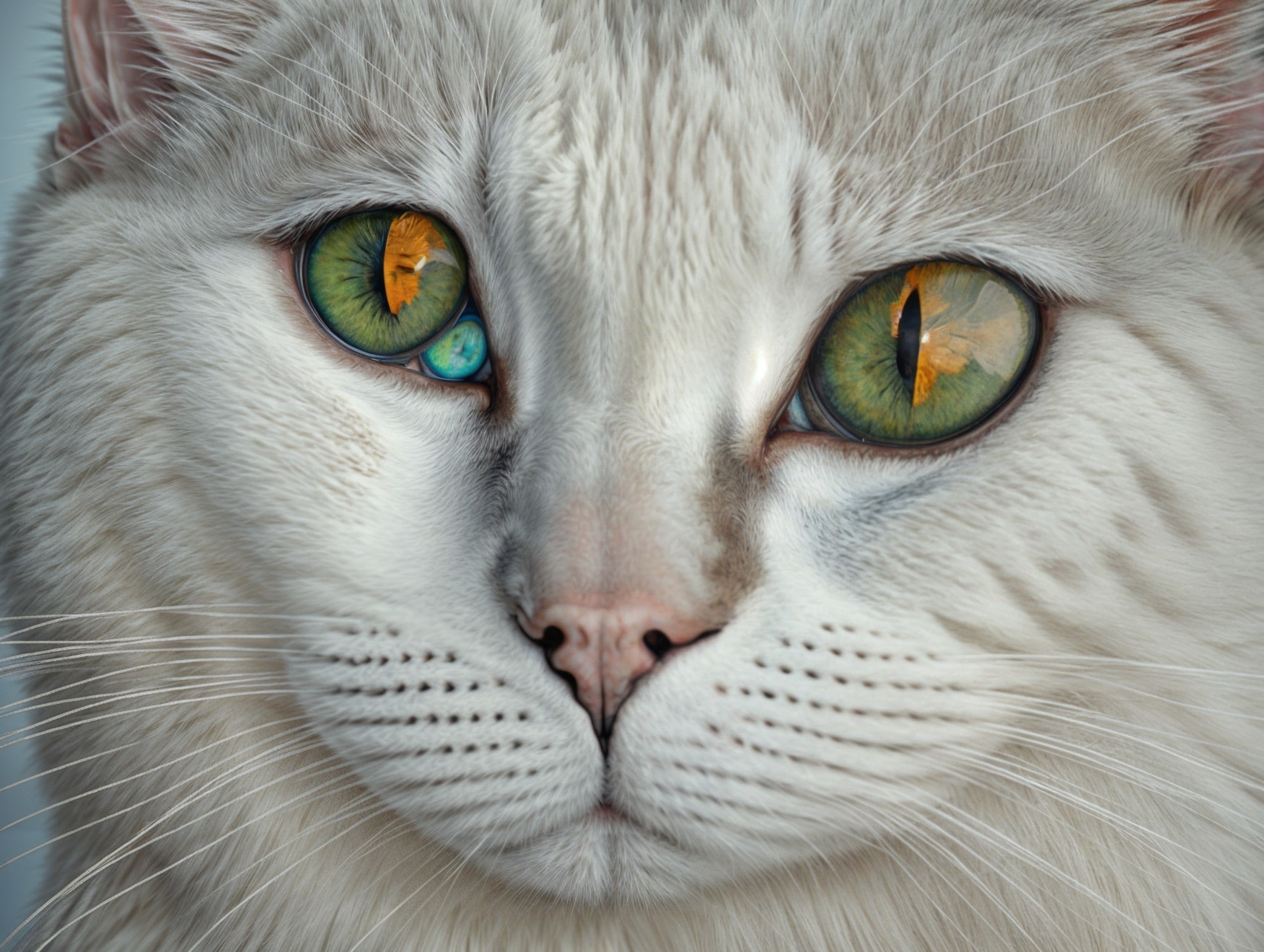 Close-Up of a White Cat with Green and Amber Eyes