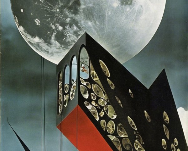 Surreal Landscape with Futuristic Architecture and Moon