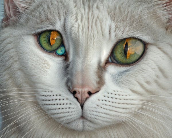 Close-Up of a White Cat with Green and Amber Eyes